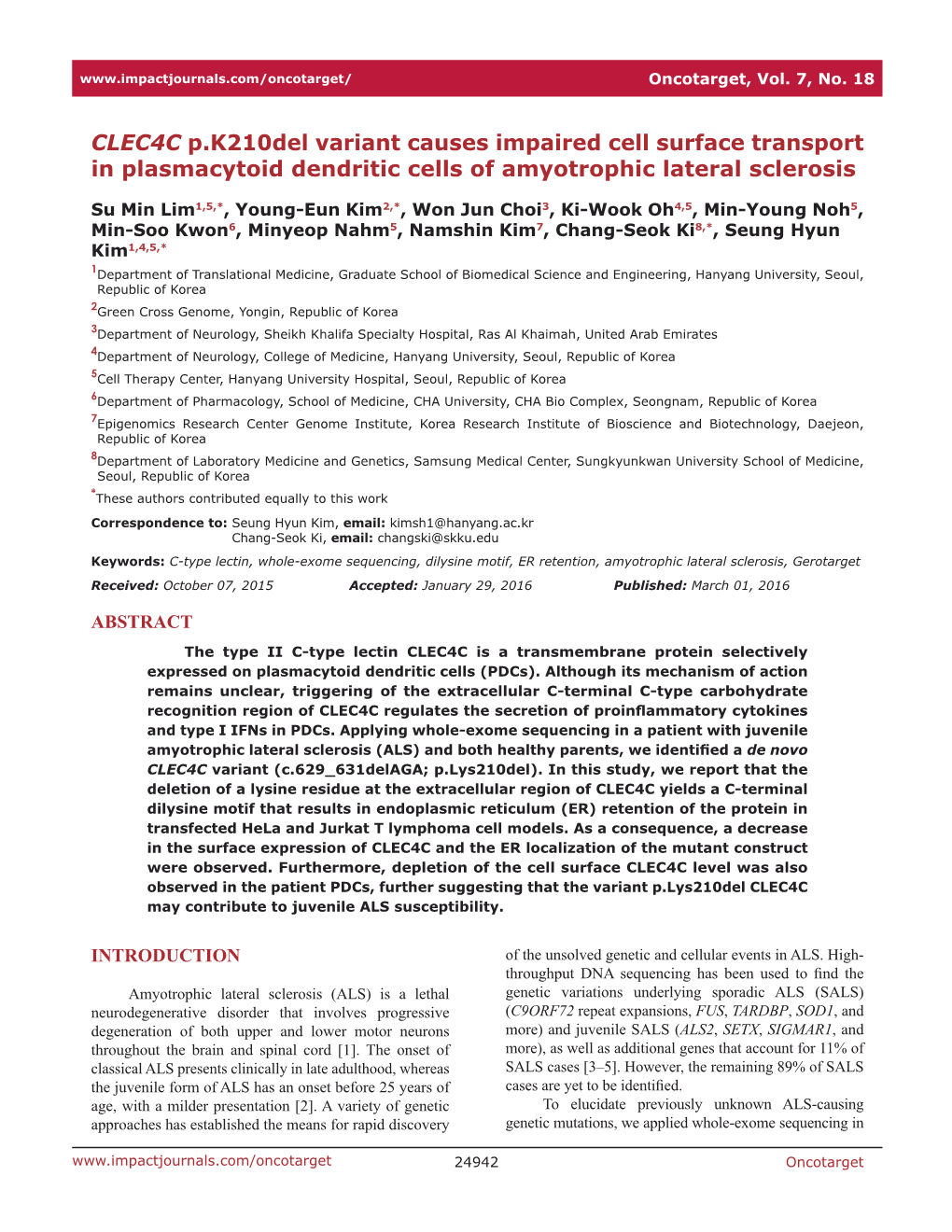 CLEC4C P.K210del Variant Causes Impaired Cell Surface Transport in Plasmacytoid Dendritic Cells of Amyotrophic Lateral Sclerosis