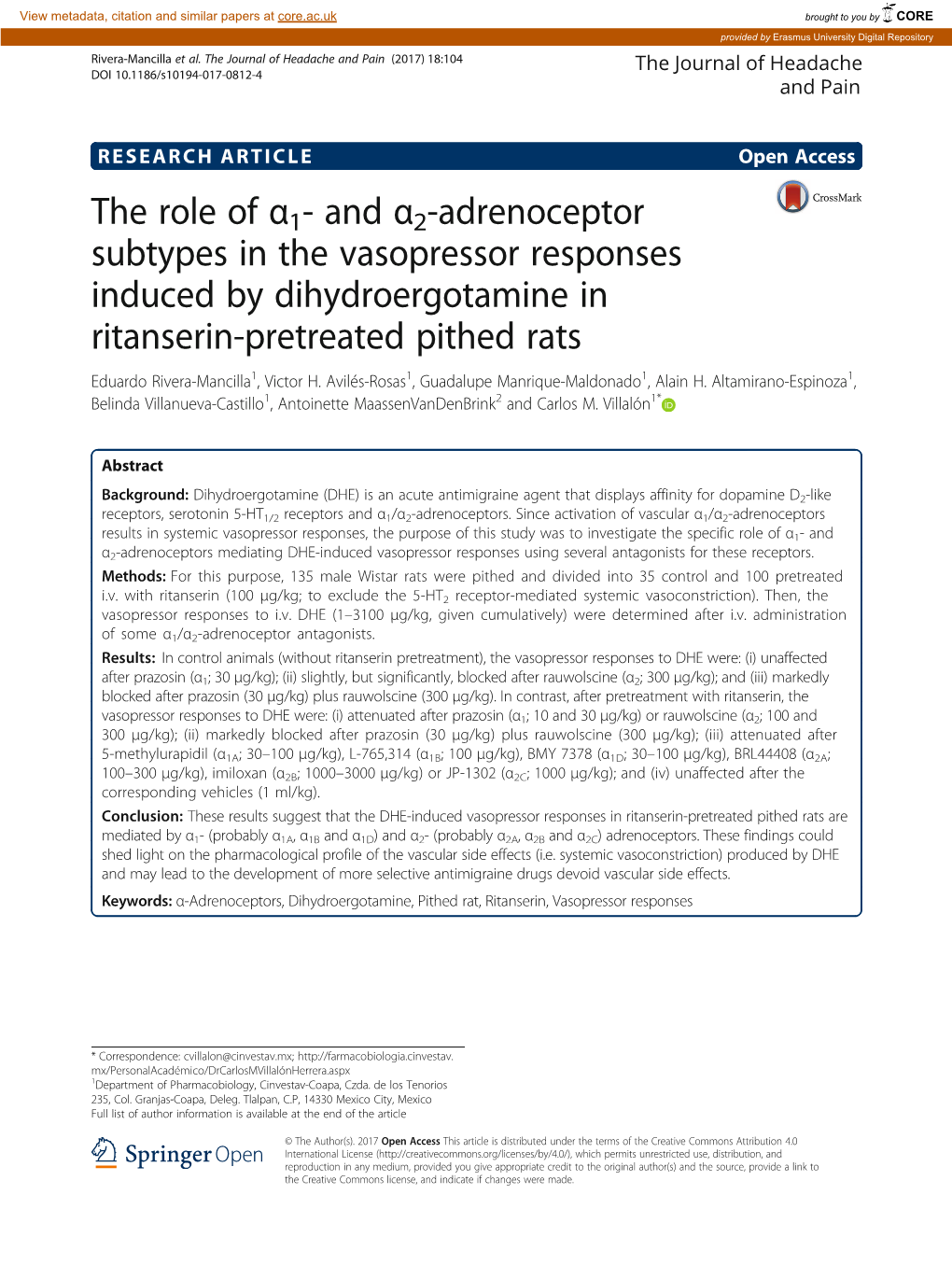 And Α2-Adrenoceptor Subtypes in the Vasopressor Responses Induced by Dihydroergotamine in Ritanserin-Pretreated Pithed Rats Eduardo Rivera-Mancilla1, Victor H