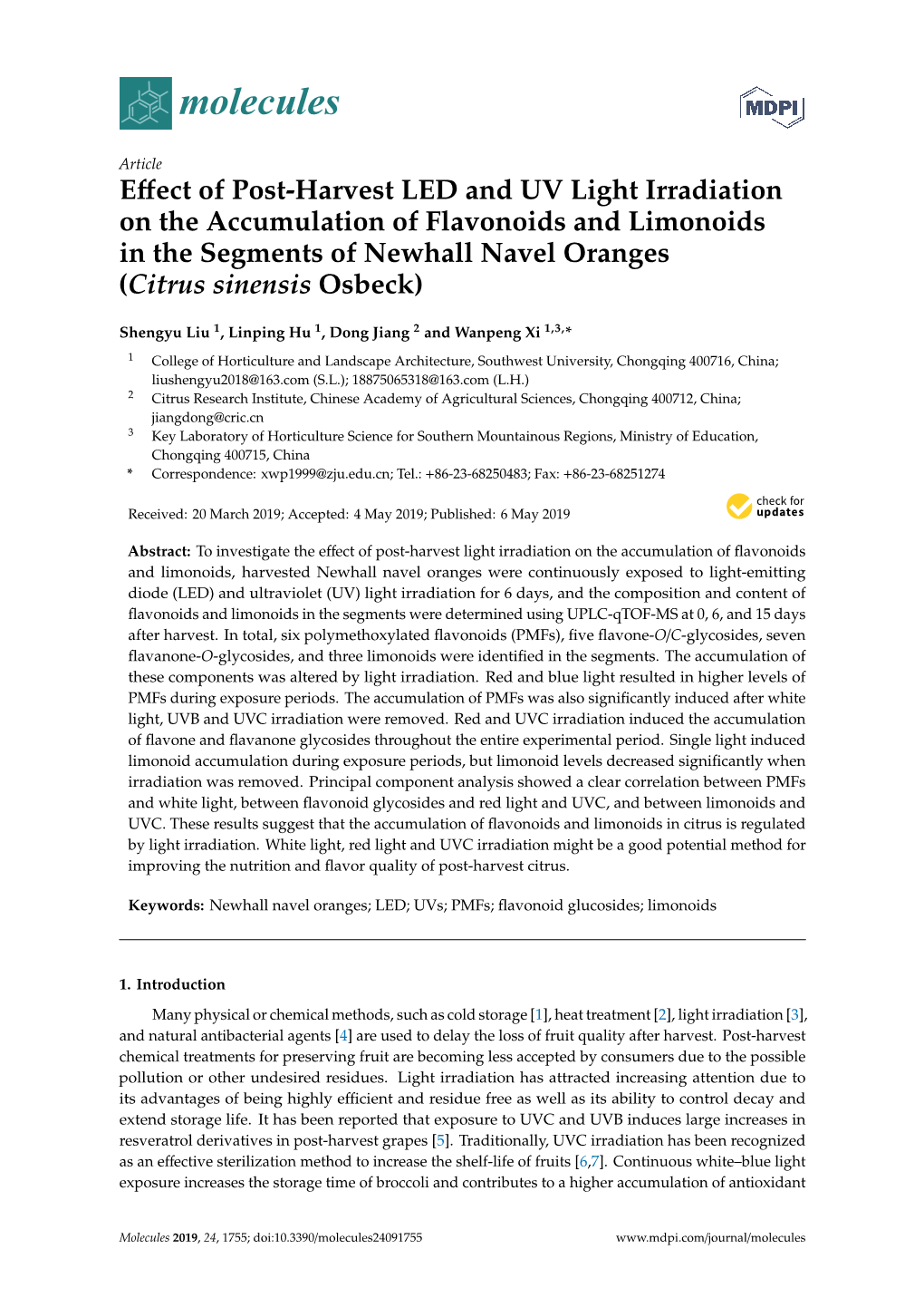 Effect of Post-Harvest LED and UV Light Irradiation on the Accumulation of Flavonoids and Limonoids in the Segments of Newhall Navel Oranges