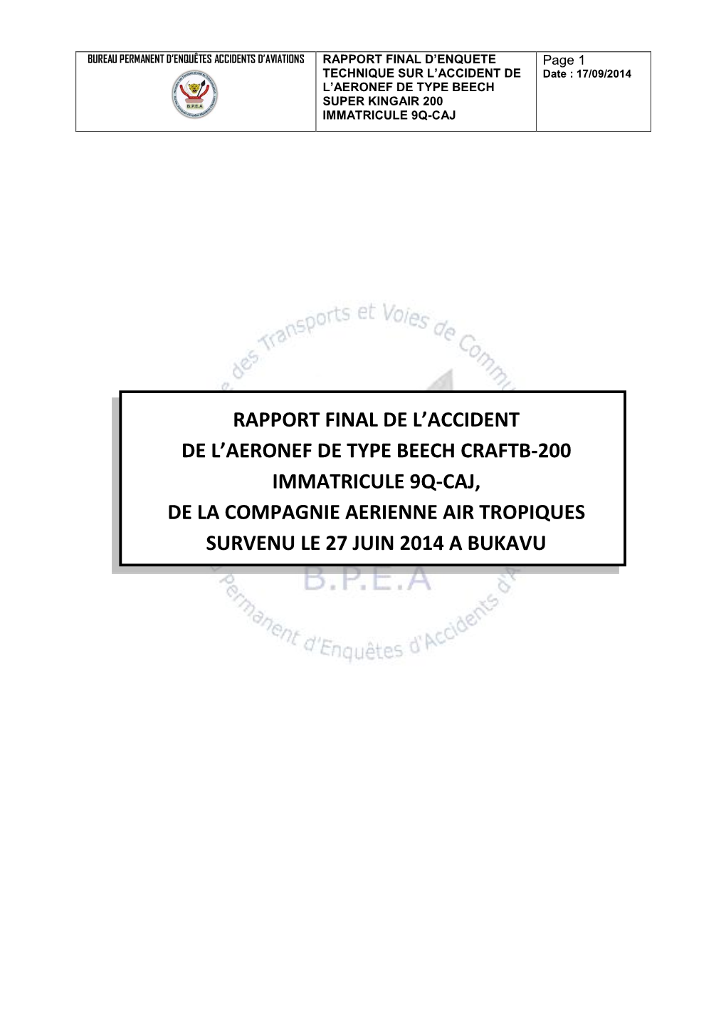 Rapport Final De L'accident De L'aeronef De Type Beech