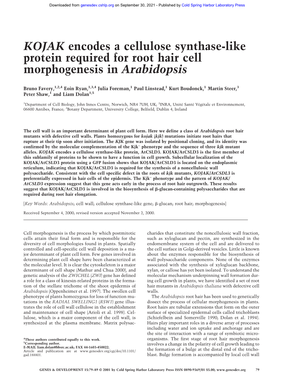 KOJAK Encodes a Cellulose Synthase-Like Protein Required for Root Hair Cell Morphogenesis in Arabidopsis