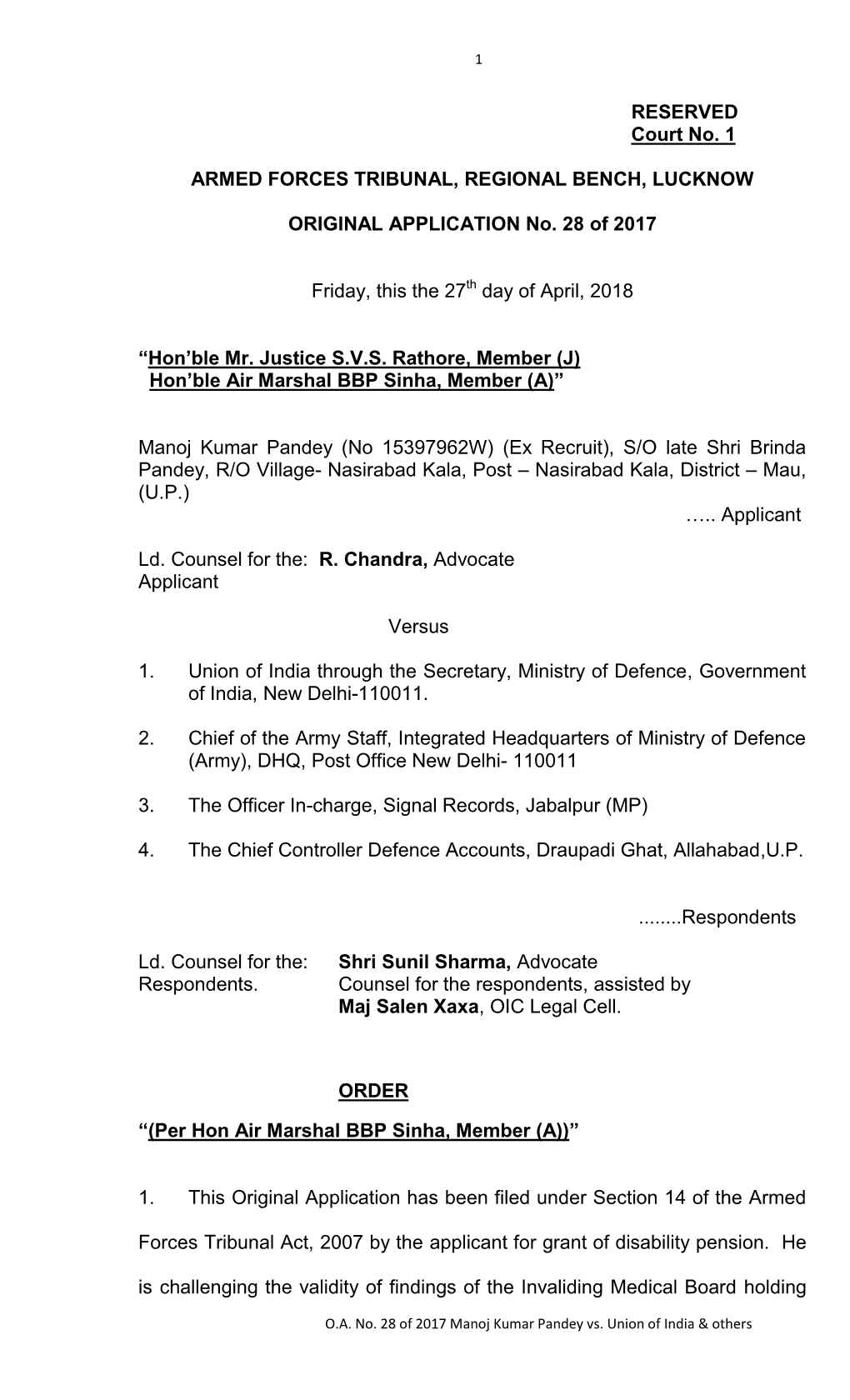 O.A. No. 28 of 2017 Manoj Kumar Pandey (D-Pension).Pdf