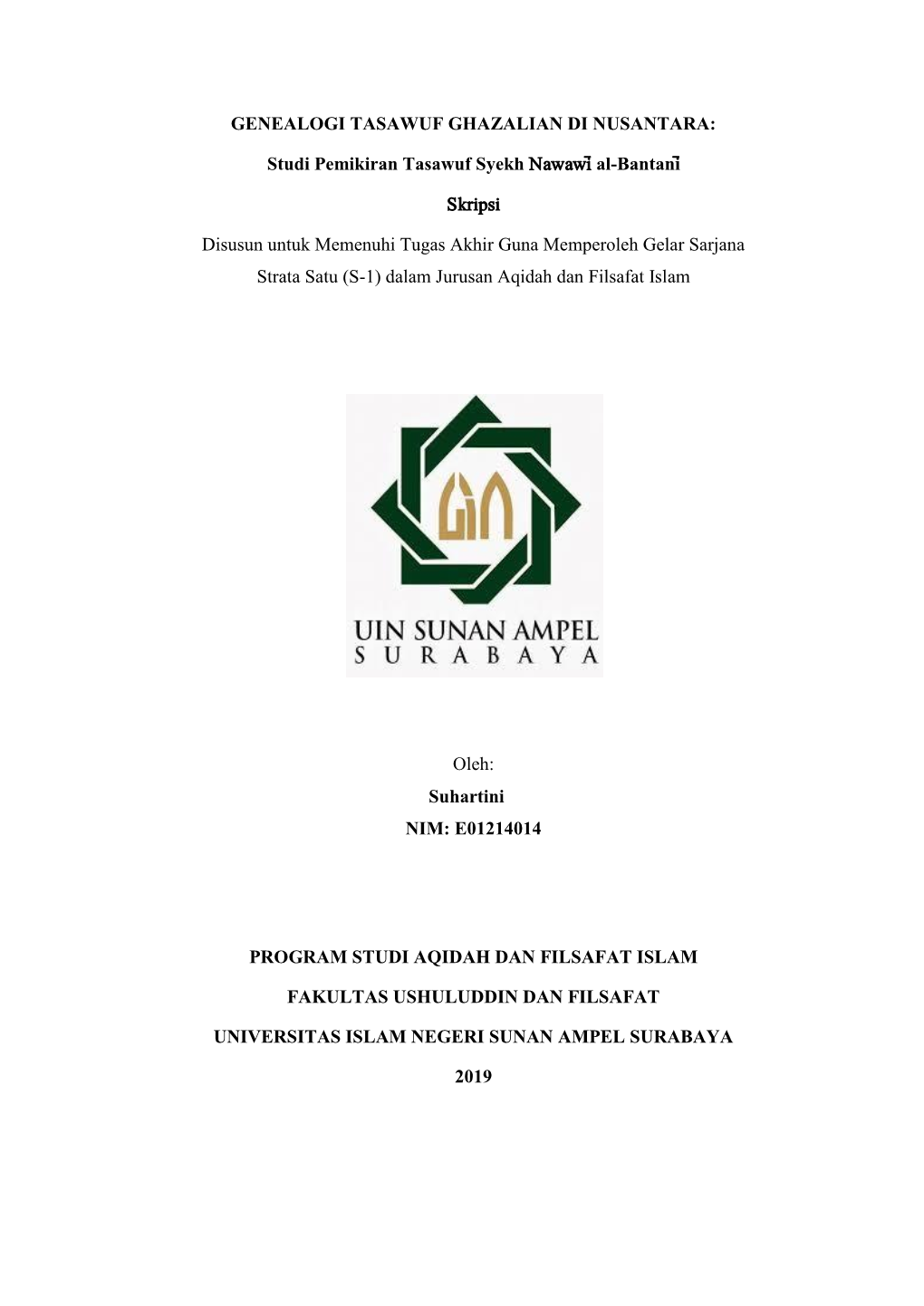 Studi Pemikiran Tasawuf Syekh Nawawi> Al-Bantani> Skripsi Disusun Untuk Memenuhi