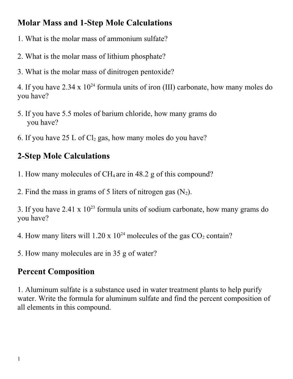 Molar Mass and 1-Step Mole Calculations