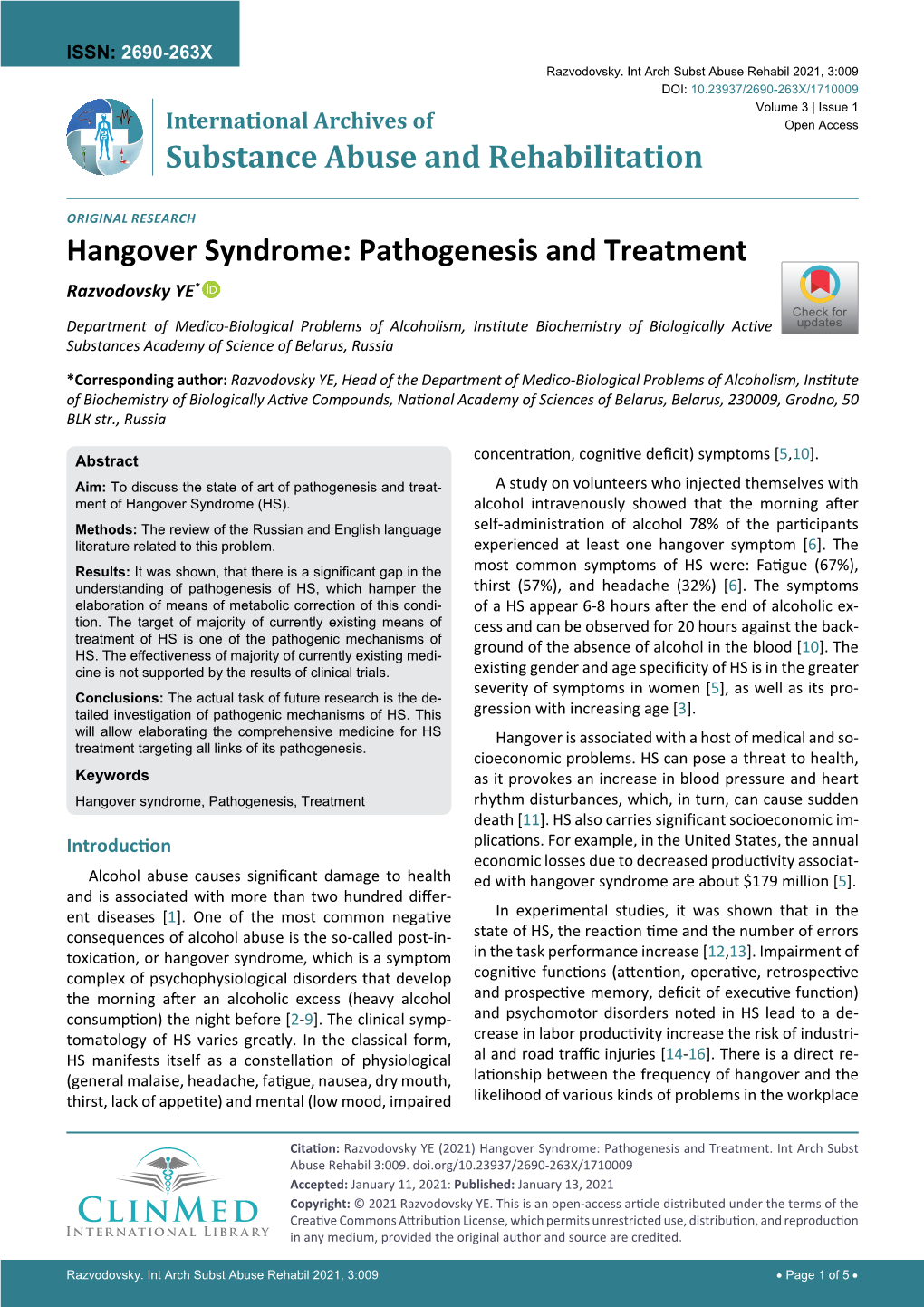 Hangover Syndrome: Pathogenesis and Treatment