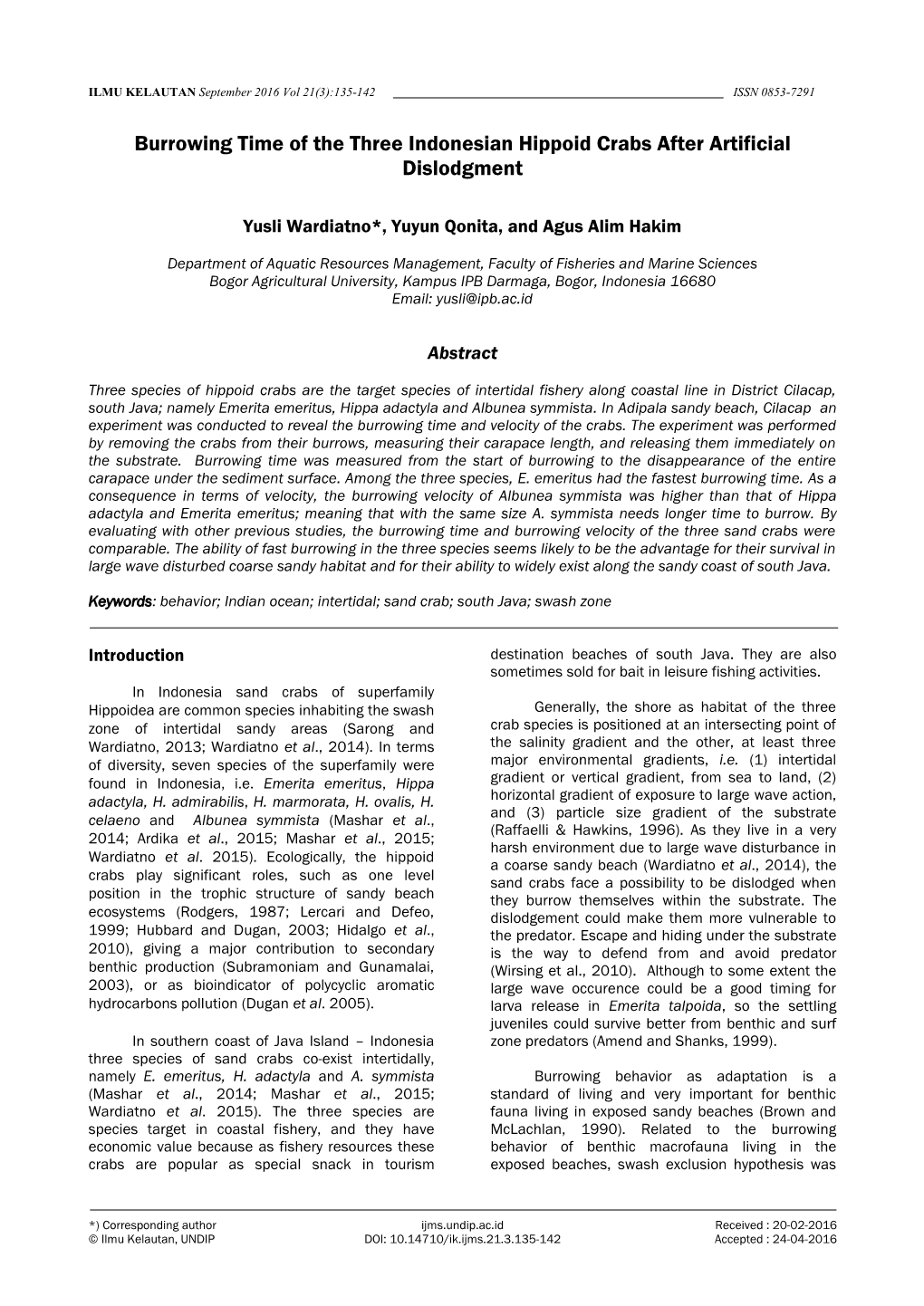 Burrowing Time of the Three Indonesian Hippoid Crabs After Artificial Dislodgment