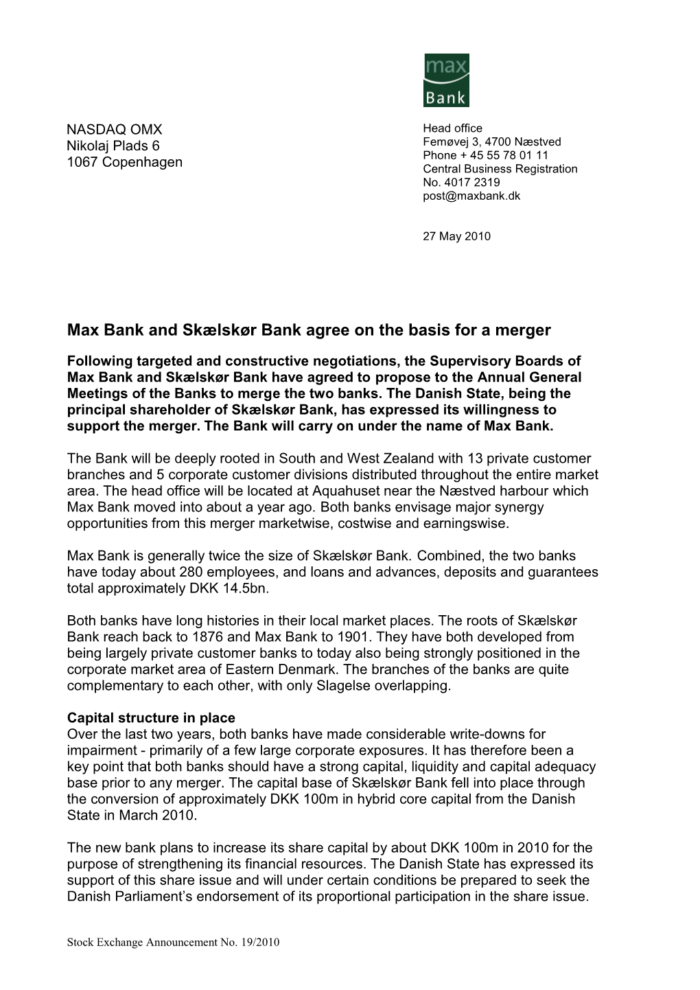 Max Bank and Skælskør Bank Agree on the Basis for a Merger