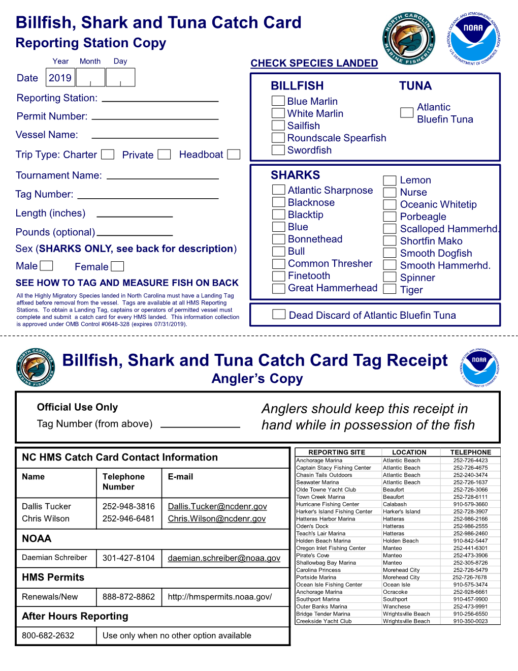 North Carolina Billfish, Shark and Tuna Catch Card