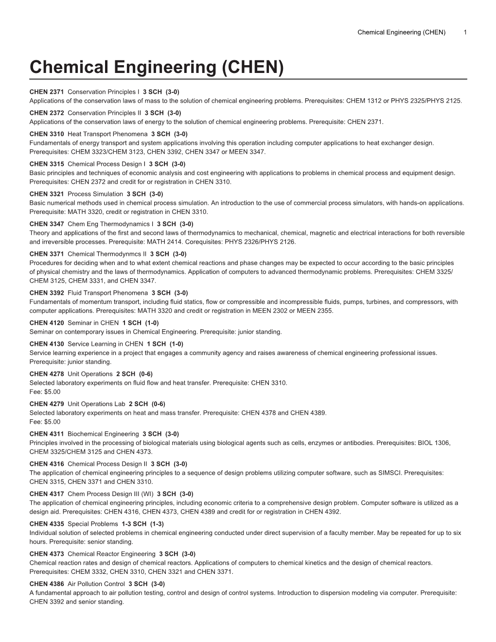 Chemical Engineering (CHEN) 1