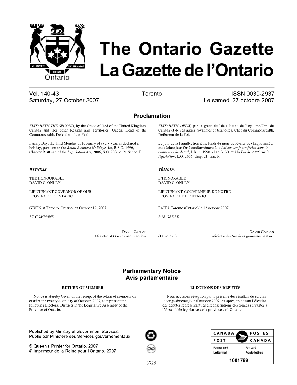 Ontario Gazette Volume 140 Issue 43, La Gazette De L'ontario Volume 140