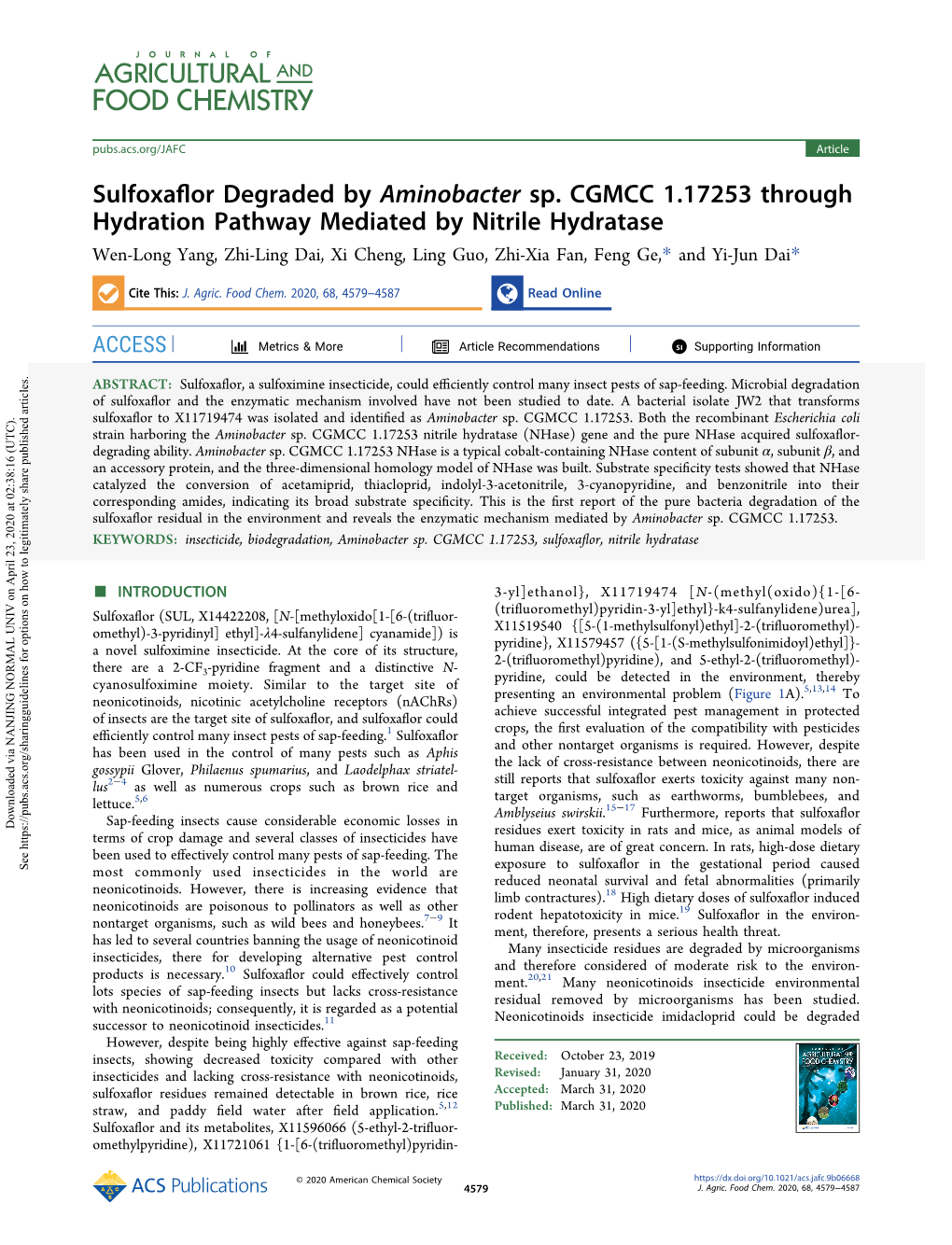 Sulfoxaflor Degraded by Aminobacter Sp. CGMCC 1.17253 Through