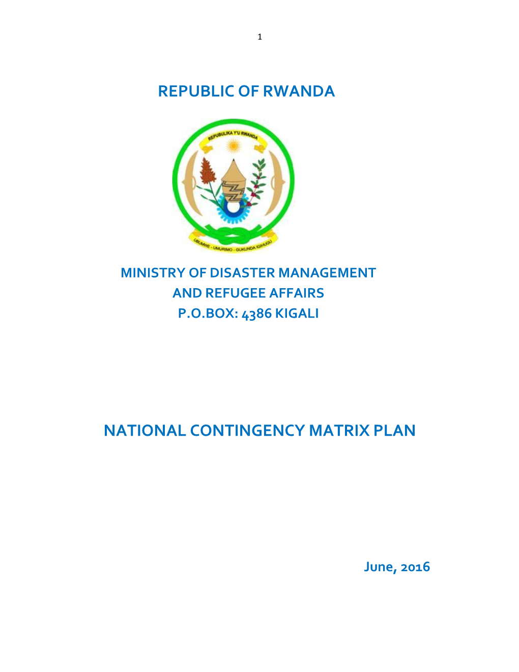 Republic of Rwanda National Contingency Matrix Plan