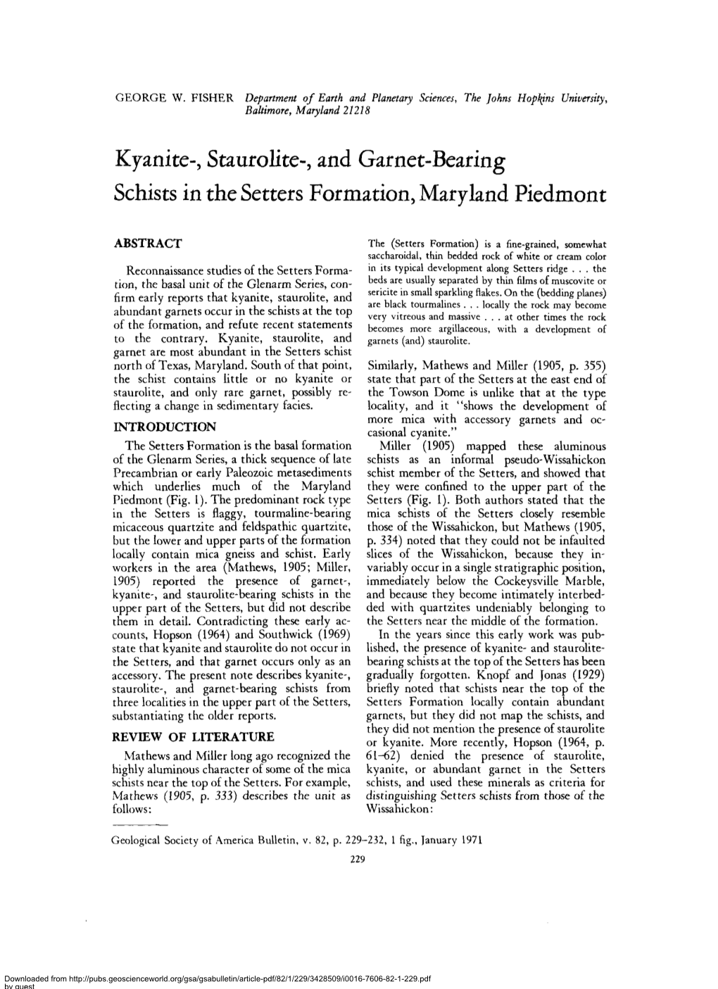 Kyanite-, Staurolite-, and Garnet-Bearing Schists in the Setters Formation, Maryland Piedmont