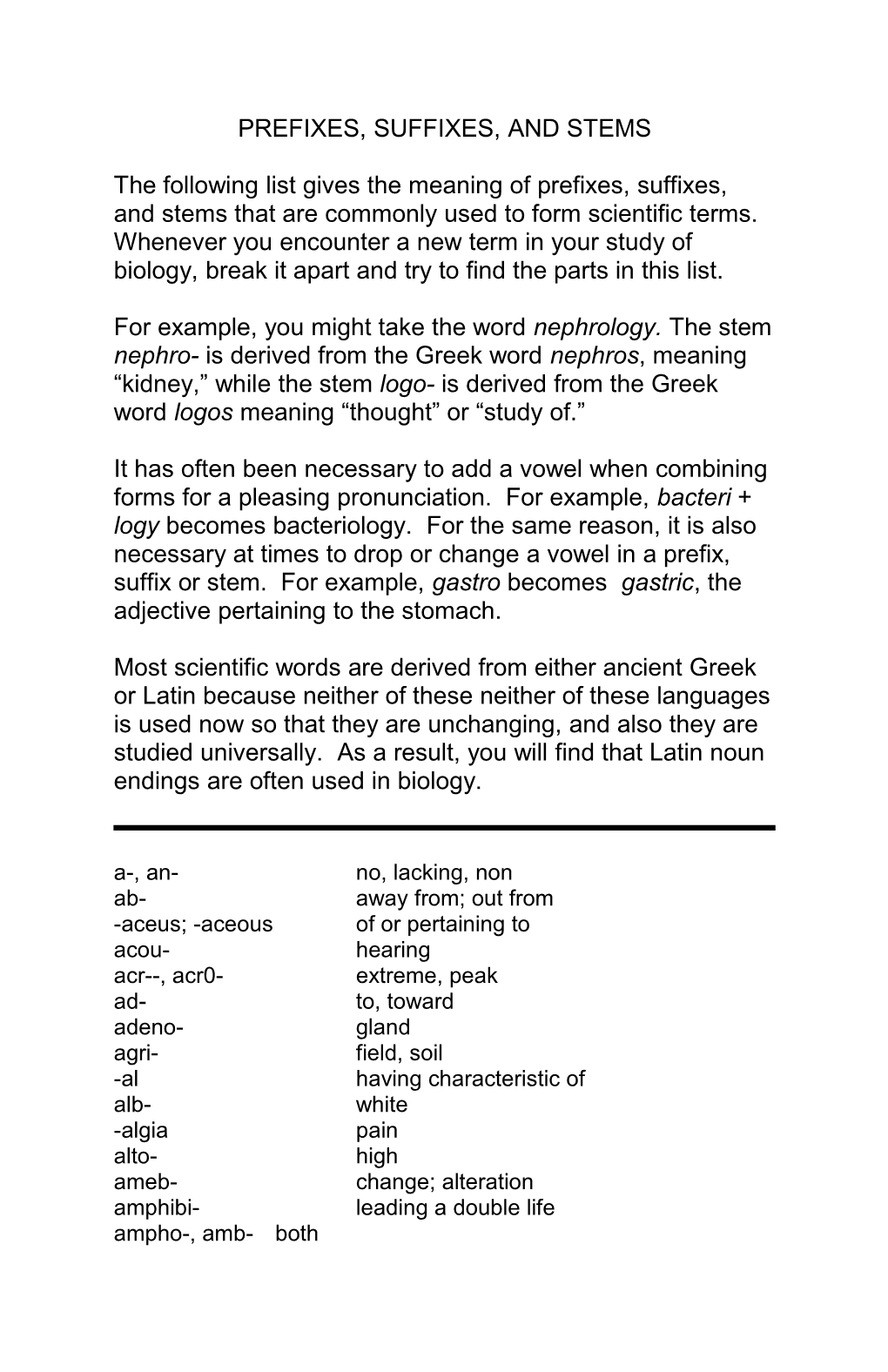 Prefixes, Suffixes, and Stems