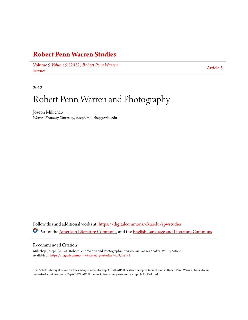 Robert Penn Warren and Photography Joseph Millichap Western Kentucky University, Joseph.Millichap@Wku.Edu