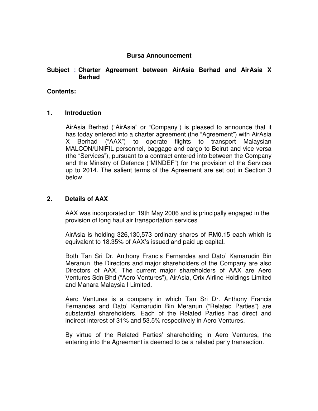 Bursa Announcement Subject : Charter Agreement Between