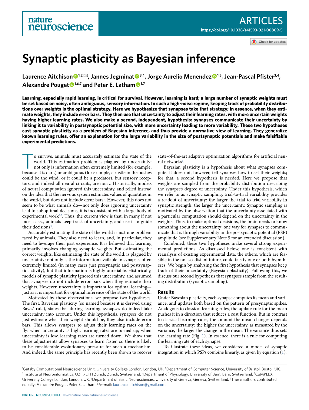 Synaptic Plasticity As Bayesian Inference