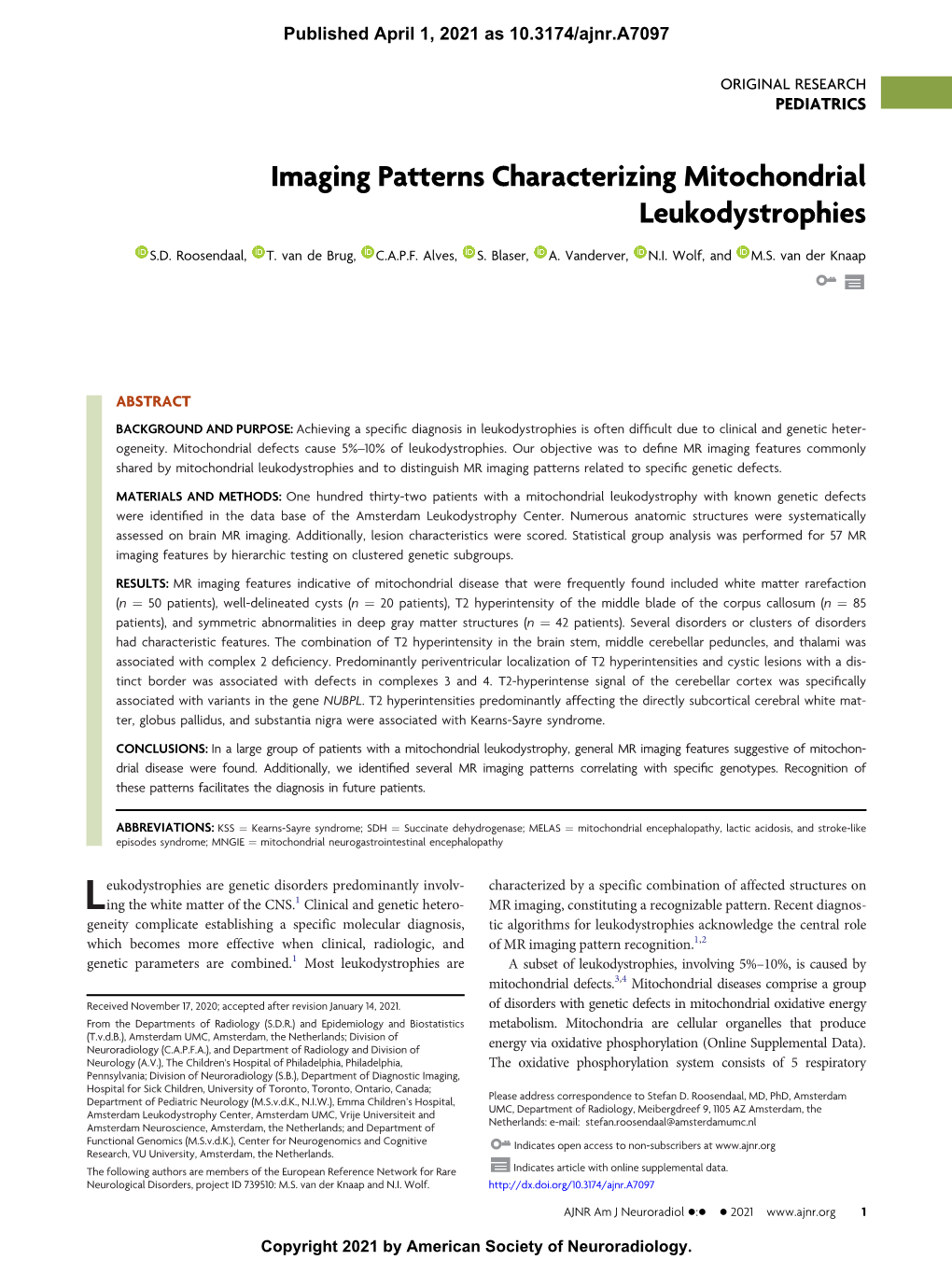 Imaging Patterns Characterizing Mitochondrial Leukodystrophies