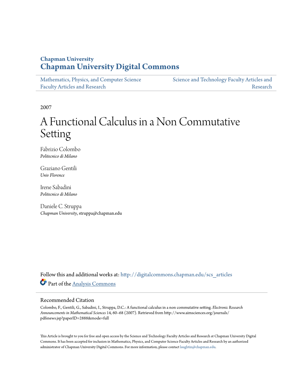 A Functional Calculus in a Non Commutative Setting Fabrizio Colombo Politecnico Di Milano