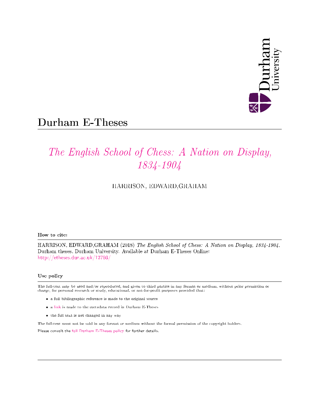 The English School of Chess: a Nation on Display, 1834-1904