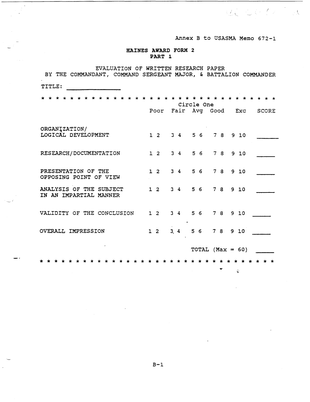 Page 1 .I Annex B to USASMA Memo 672-1 HAINES AWARD PORM