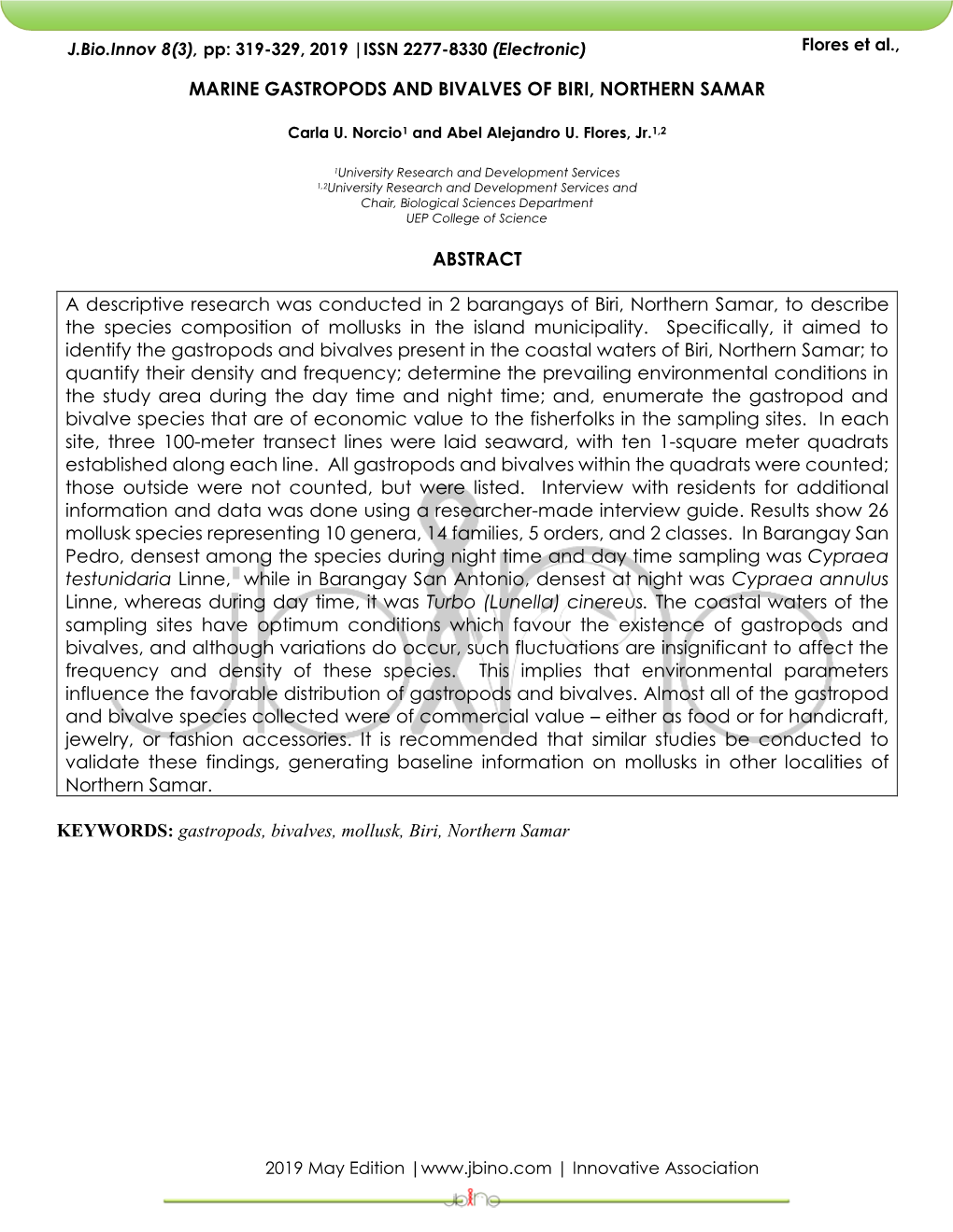 MARINE GASTROPODS and BIVALVES of BIRI, NORTHERN SAMAR ABSTRACT a Descriptive Research Was Conducted in 2 Barangays of Biri