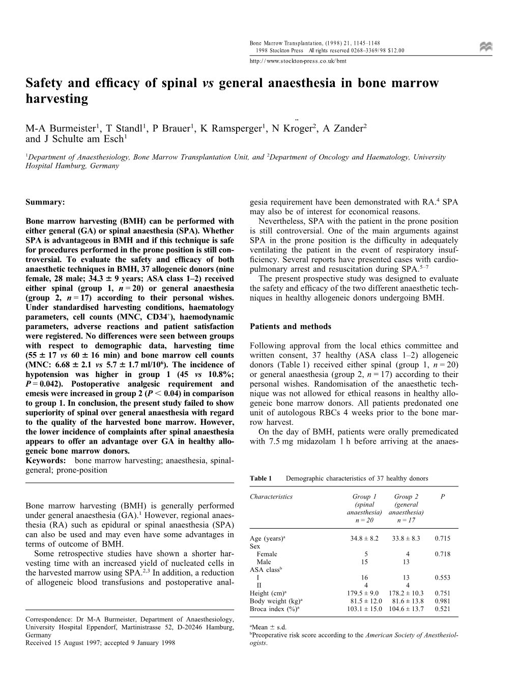 Safety and Efficacy of Spinal Vs General Anaesthesia in Bone Marrow Harvesting