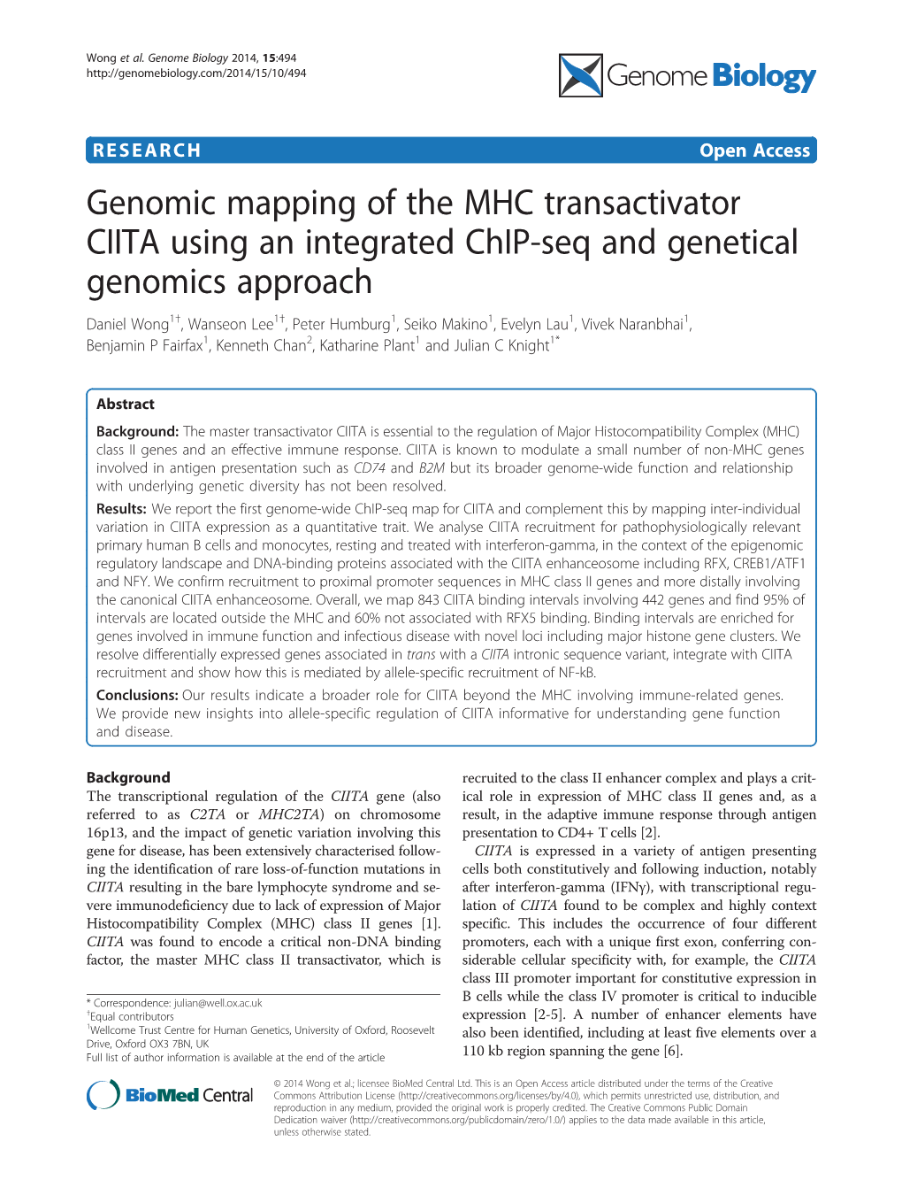 Genomic Mapping of the MHC Transactivator CIITA Using An