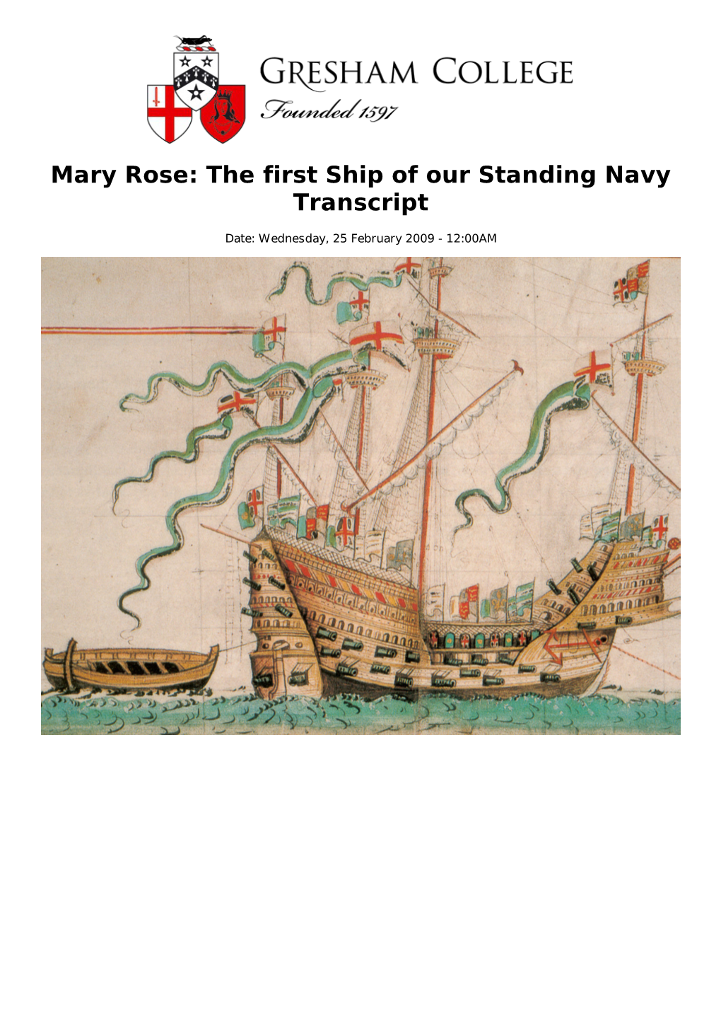 Mary Rose: the First Ship of Our Standing Navy Transcript