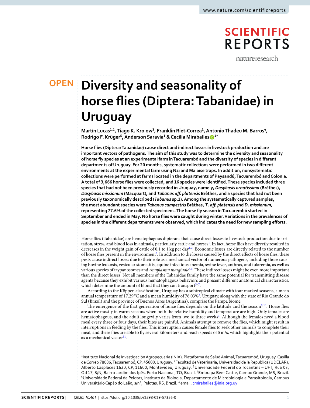 Diversity and Seasonality of Horse Flies (Diptera: Tabanidae) in Uruguay