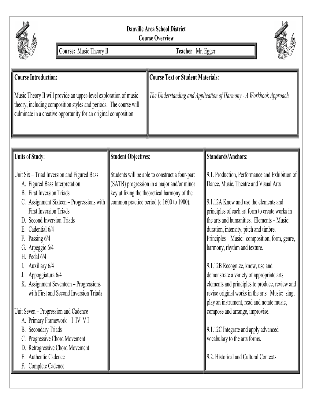 Danville Area School District Course Overview Course: Music Theory II Teacher: Mr. Egger Course Introduction: Music Theo