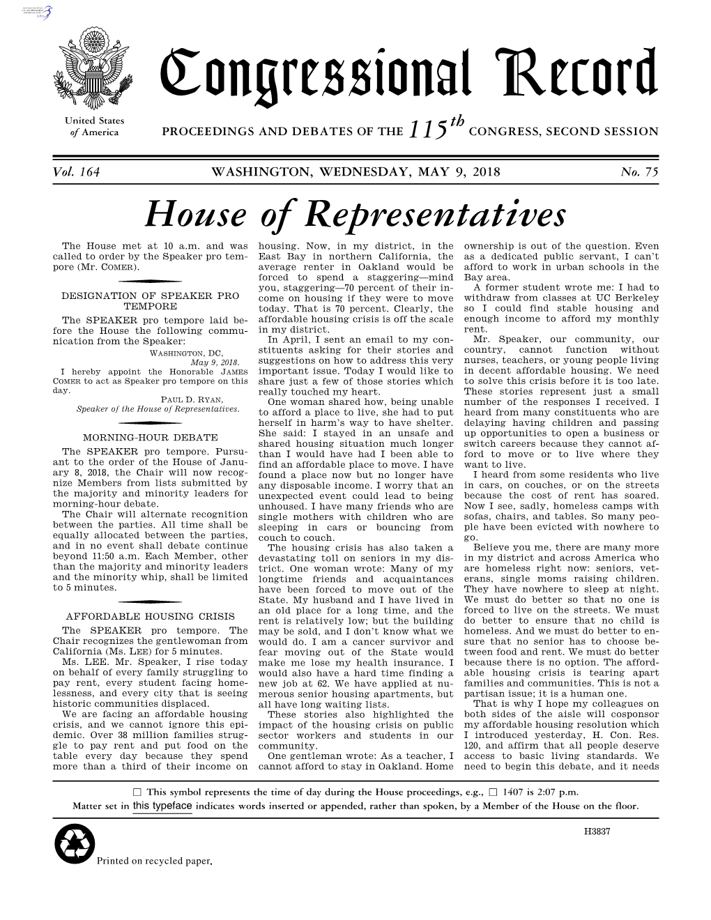 Congressional Record United States Th of America PROCEEDINGS and DEBATES of the 115 CONGRESS, SECOND SESSION