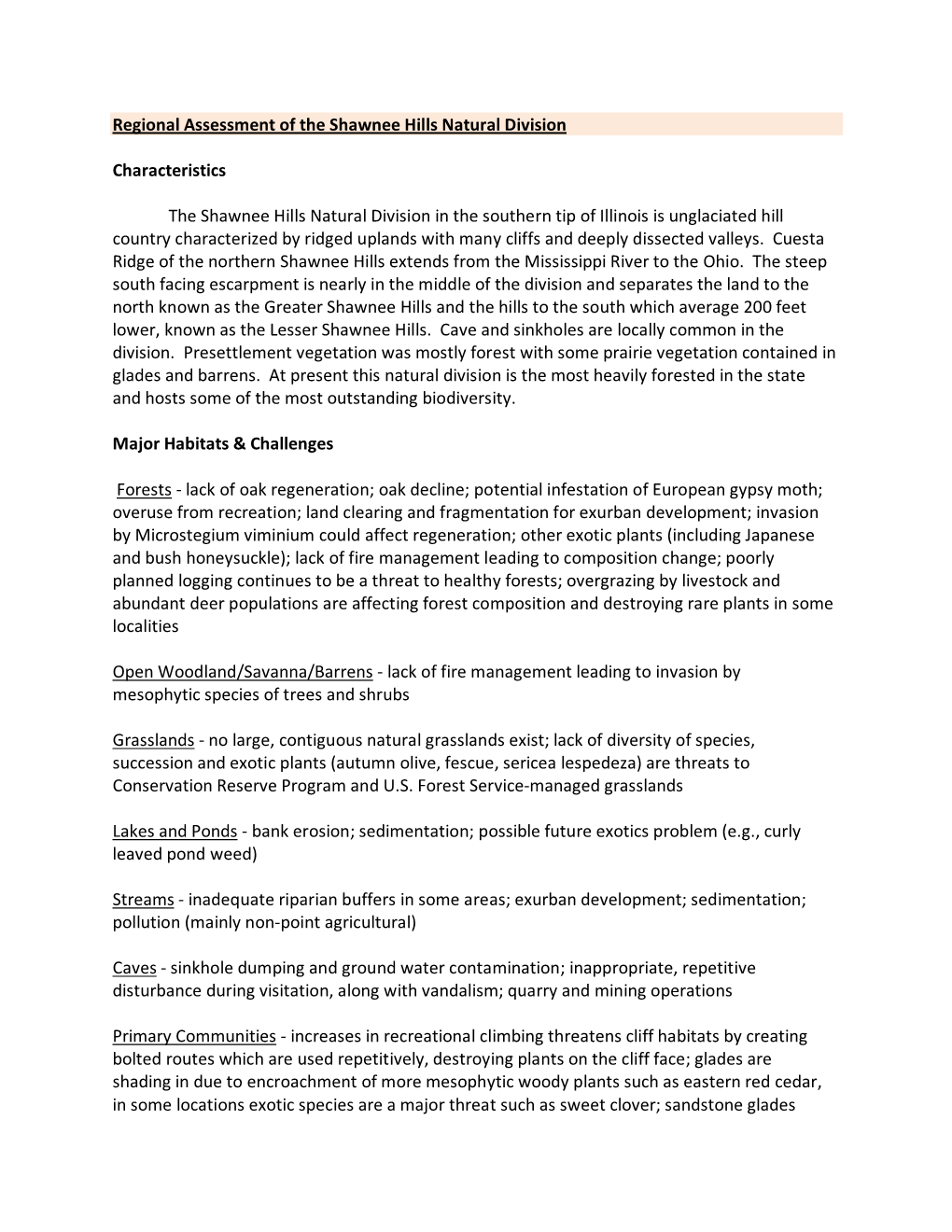 Regional Assessment of the Shawnee Hills Natural Division