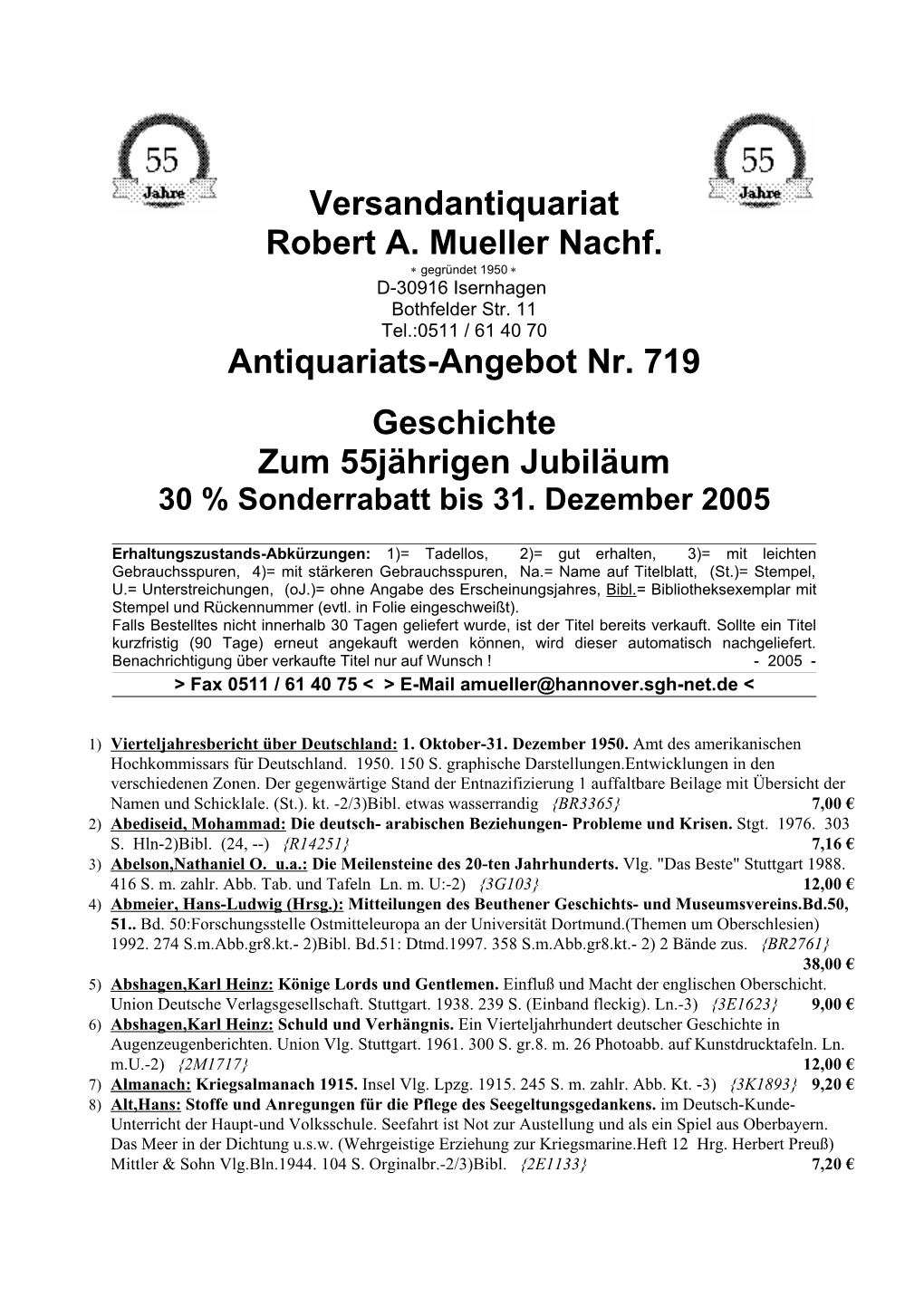 Versandantiquariat Robert A. Mueller Nachf. Antiquariats-Angebot Nr