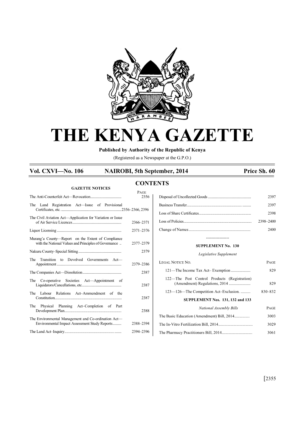 THE KENYA GAZETTE Published by Authority of the Republic of Kenya (Registered As a Newspaper at the G.P.O.)