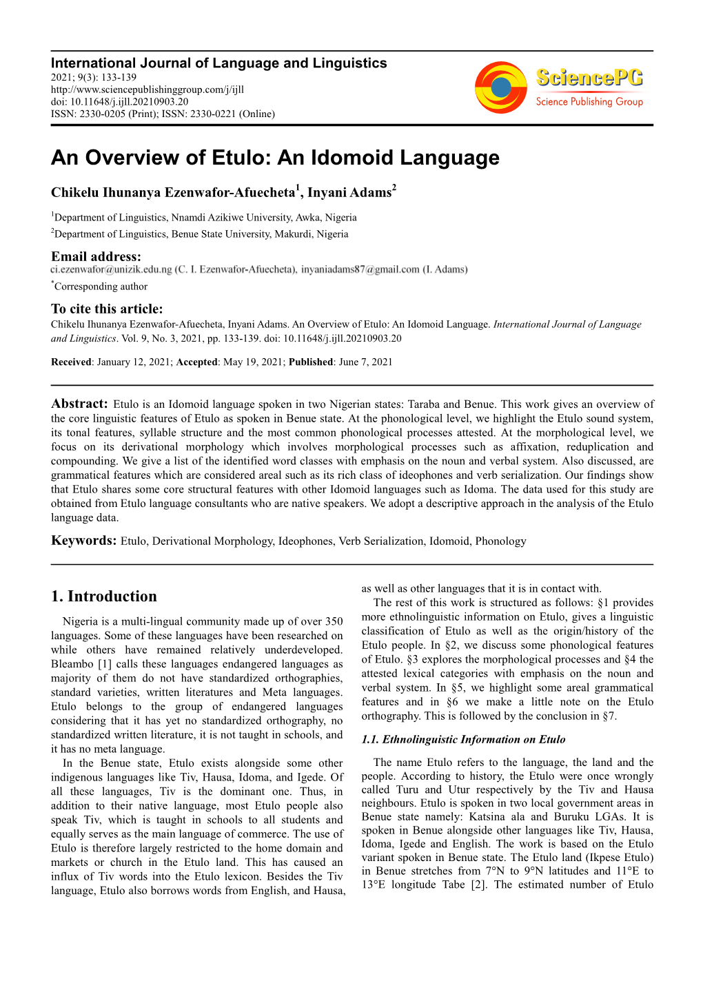 An Overview of Etulo: an Idomoid Language