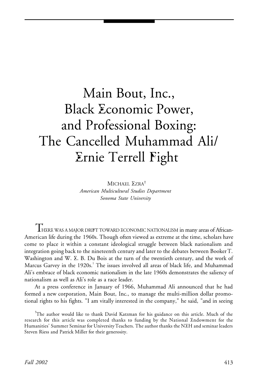 Main Bout, Inc., Black Economic Power, and Professional Boxing: the Cancelled Muhammad Ali/ Ernie Terrell Fight