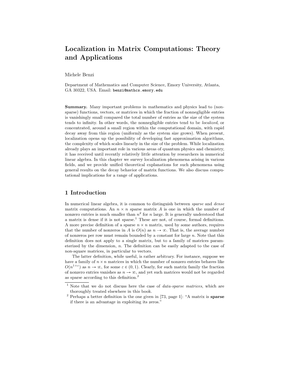 Localization in Matrix Computations: Theory and Applications