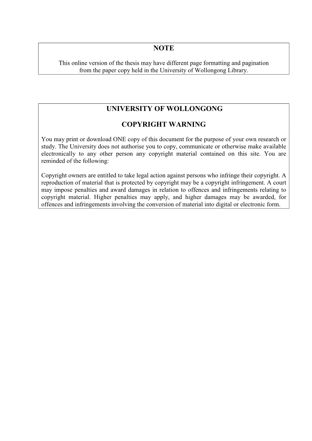 Note University of Wollongong Copyright Warning