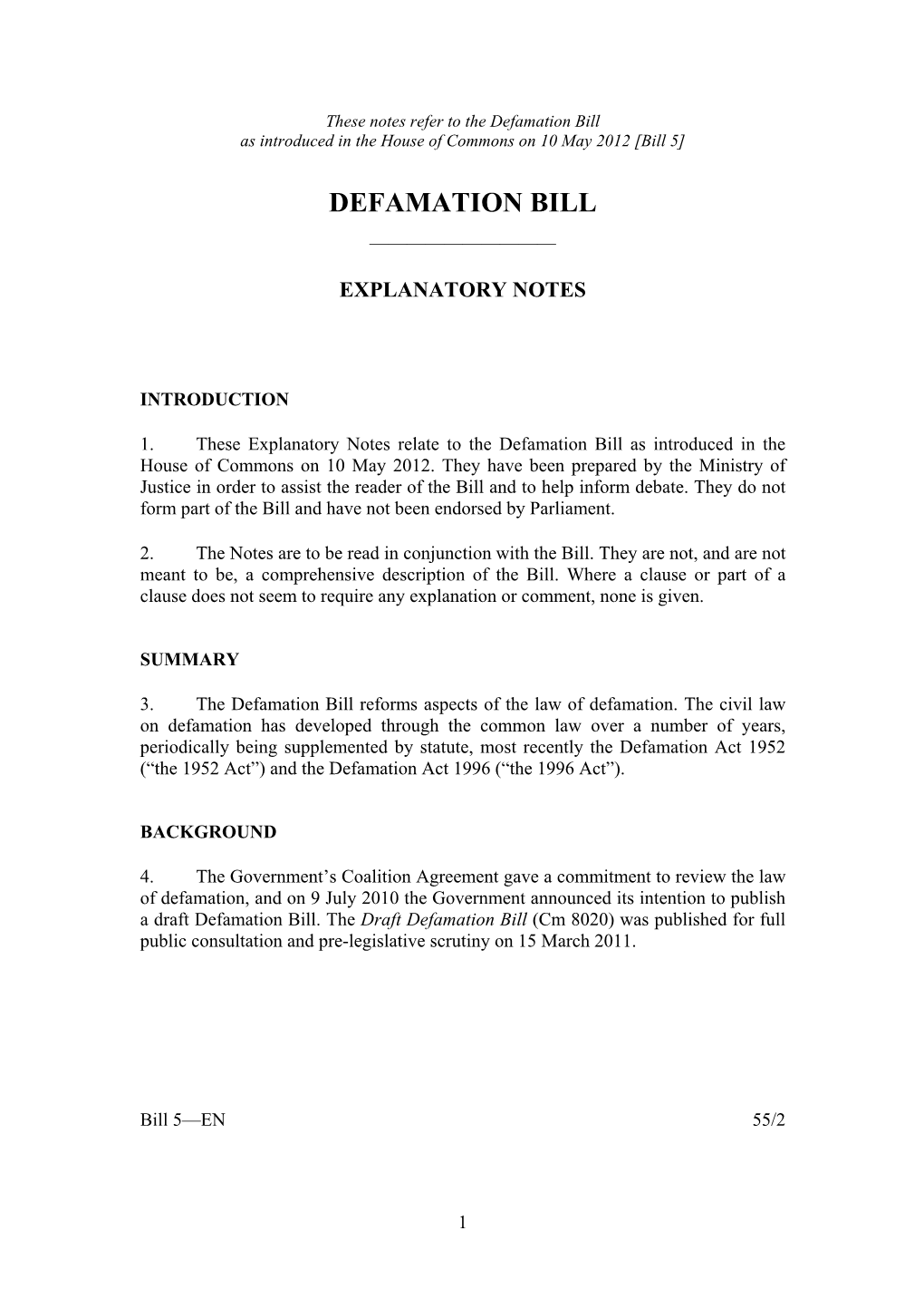 Defamation Bill As Introduced in the House of Commons on 10 May 2012 [Bill 5]