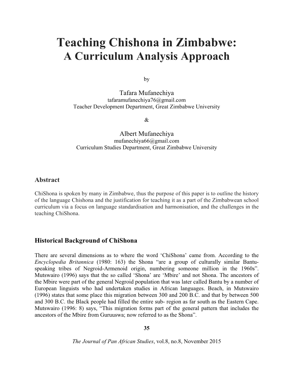 Teaching Chishona in Zimbabwe: a Curriculum Analysis Approach