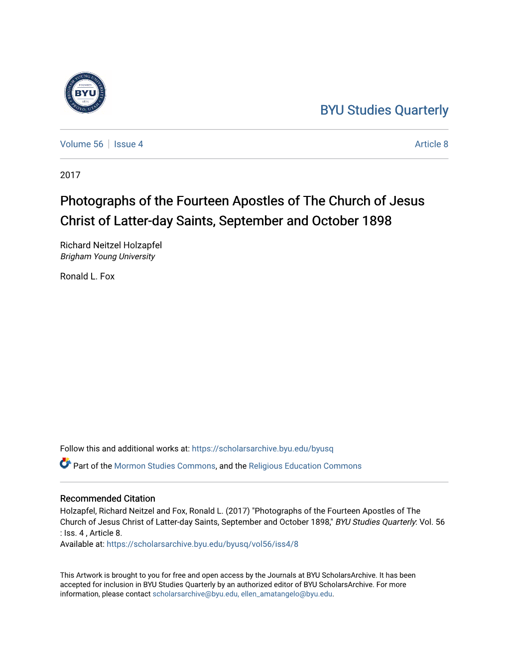 Photographs of the Fourteen Apostles of the Church of Jesus Christ of Latter-Day Saints, September and October 1898