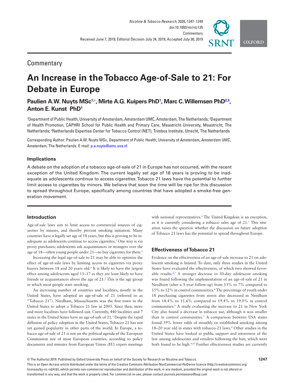 An Increase in the Tobacco Age-Of-Sale to 21: for Debate in Europe Paulien A.W