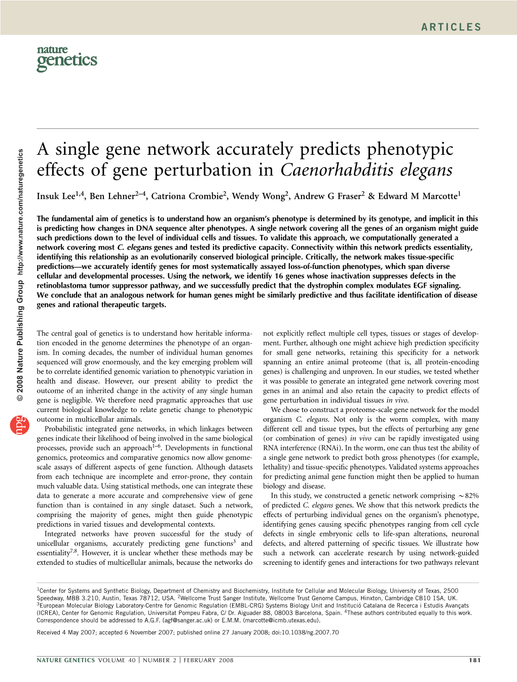 A Single Gene Network Accurately Predicts Phenotypic Effects of Gene Perturbation in Caenorhabditis Elegans