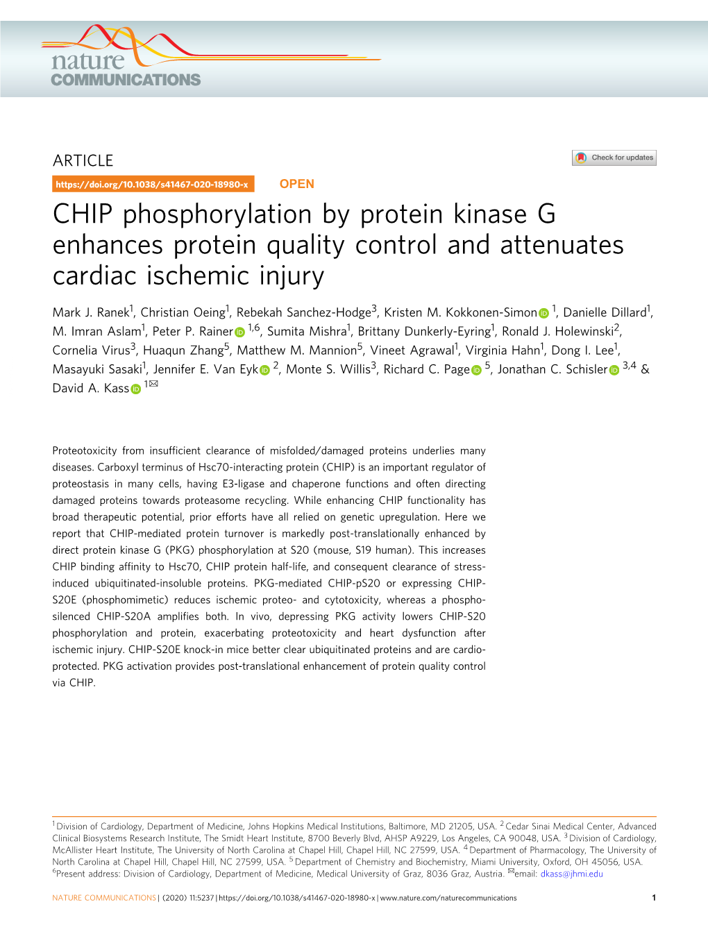 CHIP Phosphorylation by Protein Kinase G Enhances Protein Quality Control and Attenuates Cardiac Ischemic Injury