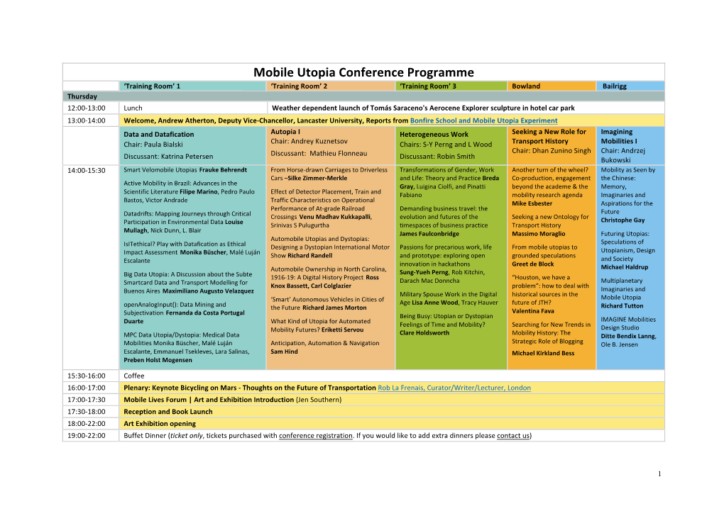 Mobile Utopia Conference Programme ‘Training Room’ 1 ‘Training Room’ 2 ‘Training Room’ 3 Bowland Bailrigg