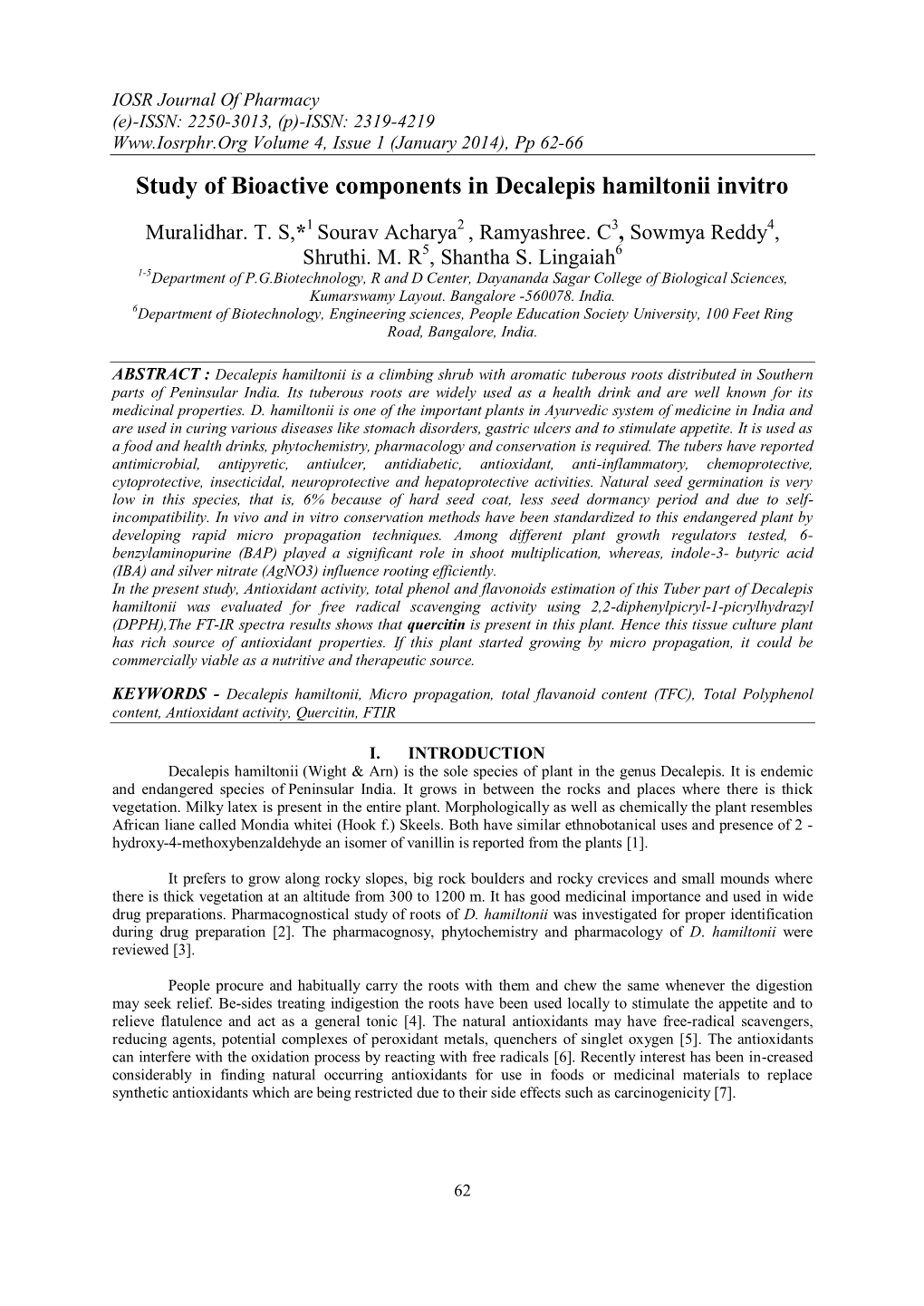 Study of Bioactive Components in Decalepis Hamiltonii Invitro