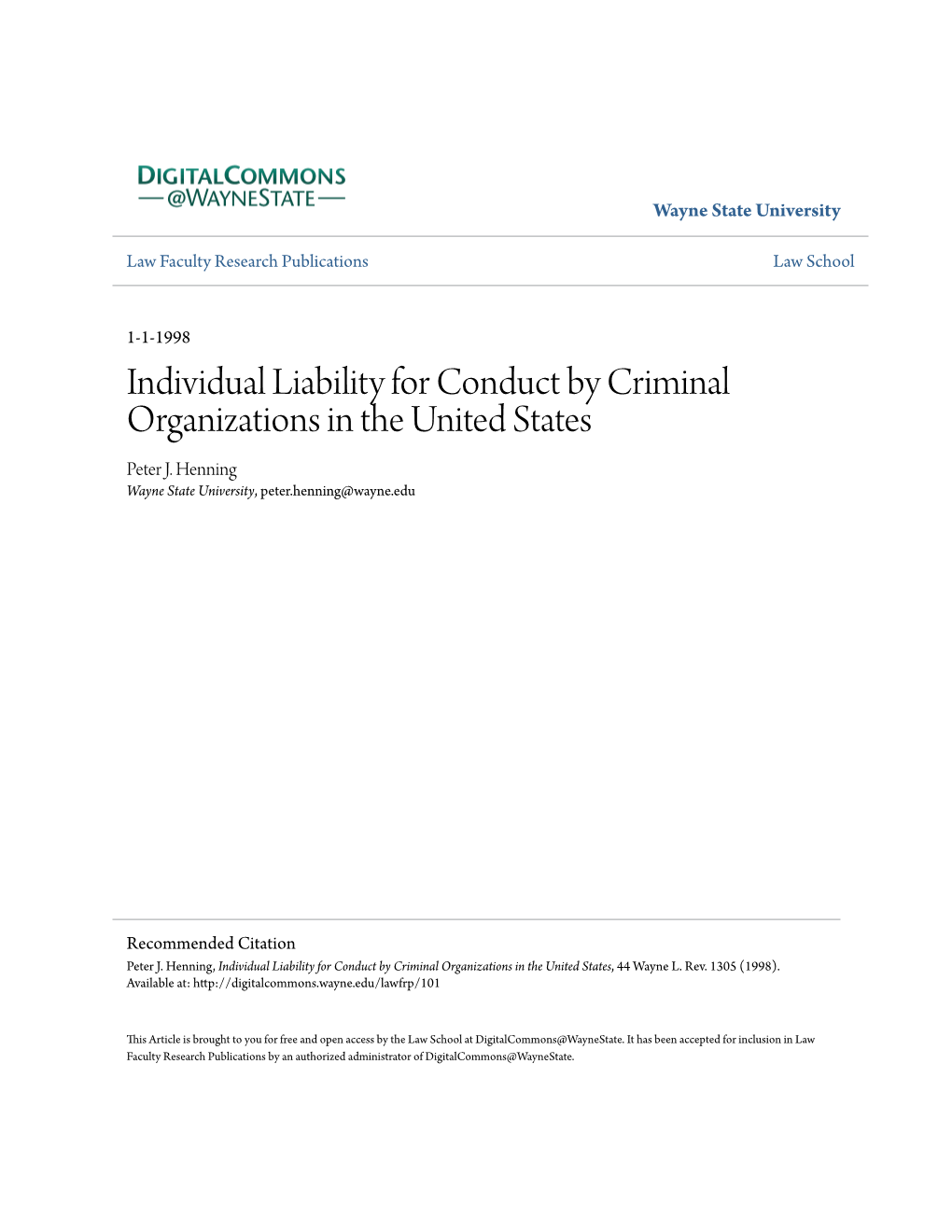 Individual Liability for Conduct by Criminal Organizations in the United States Peter J