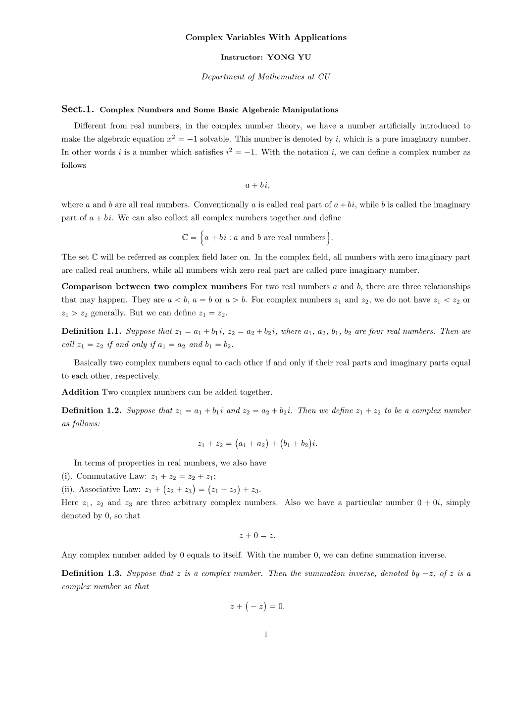 Complex Variables with Applications Department of Mathematics at CU