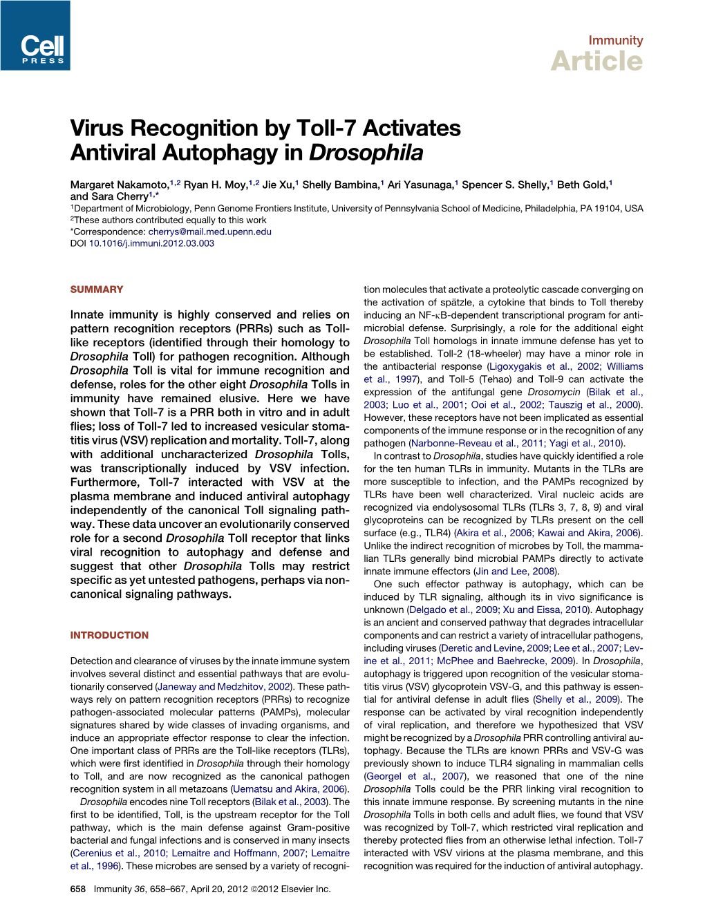 Virus Recognition by Toll-7 Activates Antiviral Autophagy in Drosophila